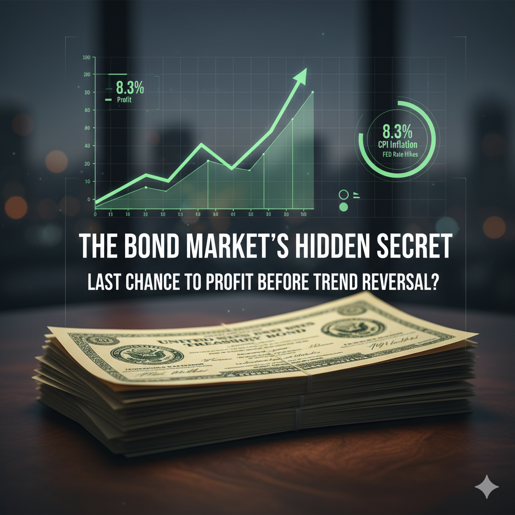 US bond market's hidden secret, featuring a stack of US Treasury bond certificates with an overlay of a green upward-trending graph and key economic indicators like 8.3% CPI inflation and FED rate hikes. The image highlights "THE BOND MARKET'S HIDDEN SECRET" and poses the question "LAST CHANCE TO PROFIT BEFORE TREND REVERSAL?", aiming to capture investor interest in potential profit opportunities before market shifts.