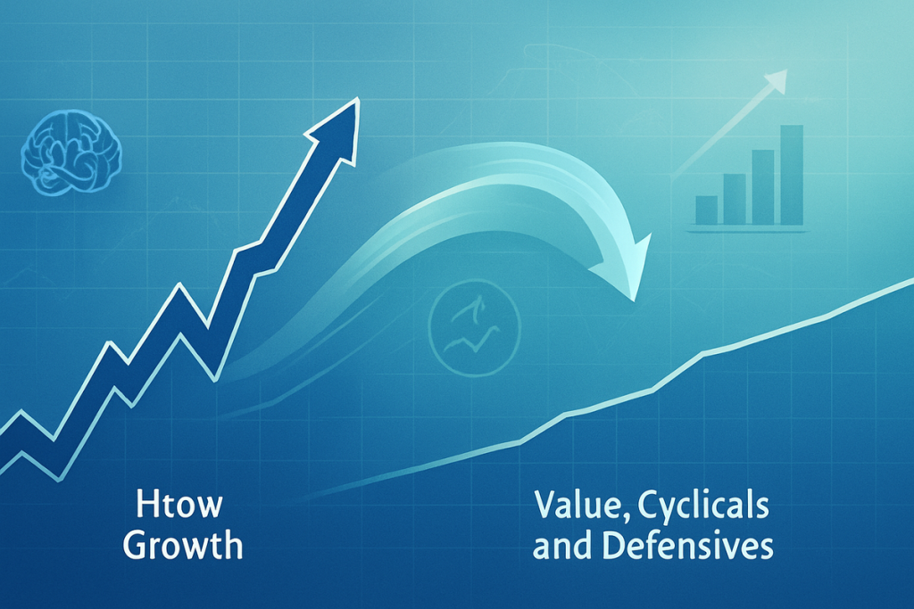 A detailed chart showing historical performance trends of value versus growth stocks alongside key macroeconomic indicators affecting investor sentiment in 2024-2025.