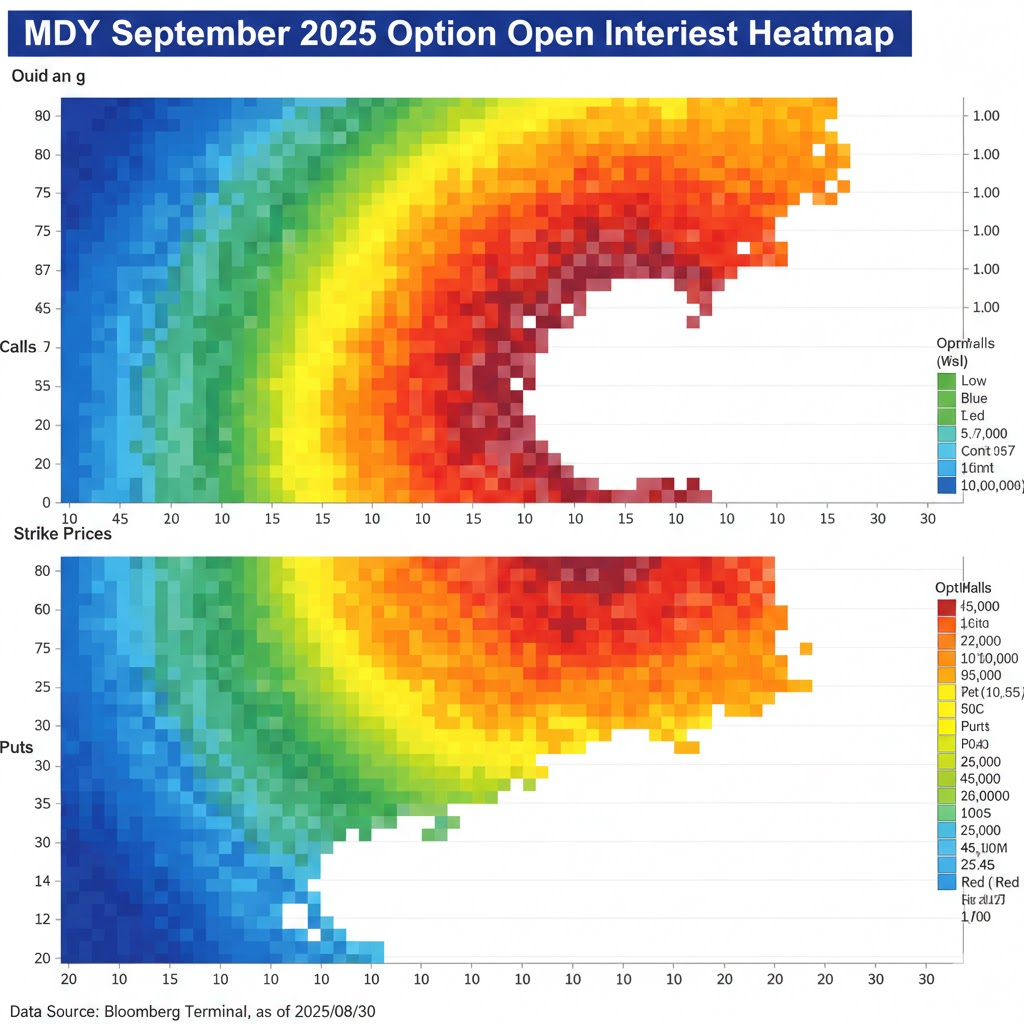 Heat map showing September MDY call open interest concentrated at 530 and 570 strikes, highlighting the strikes selected in the $2 billion call spread.