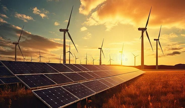 High-quality image depicting innovative clean energy technologies such as wind turbines and solar panels representing future investment opportunities.