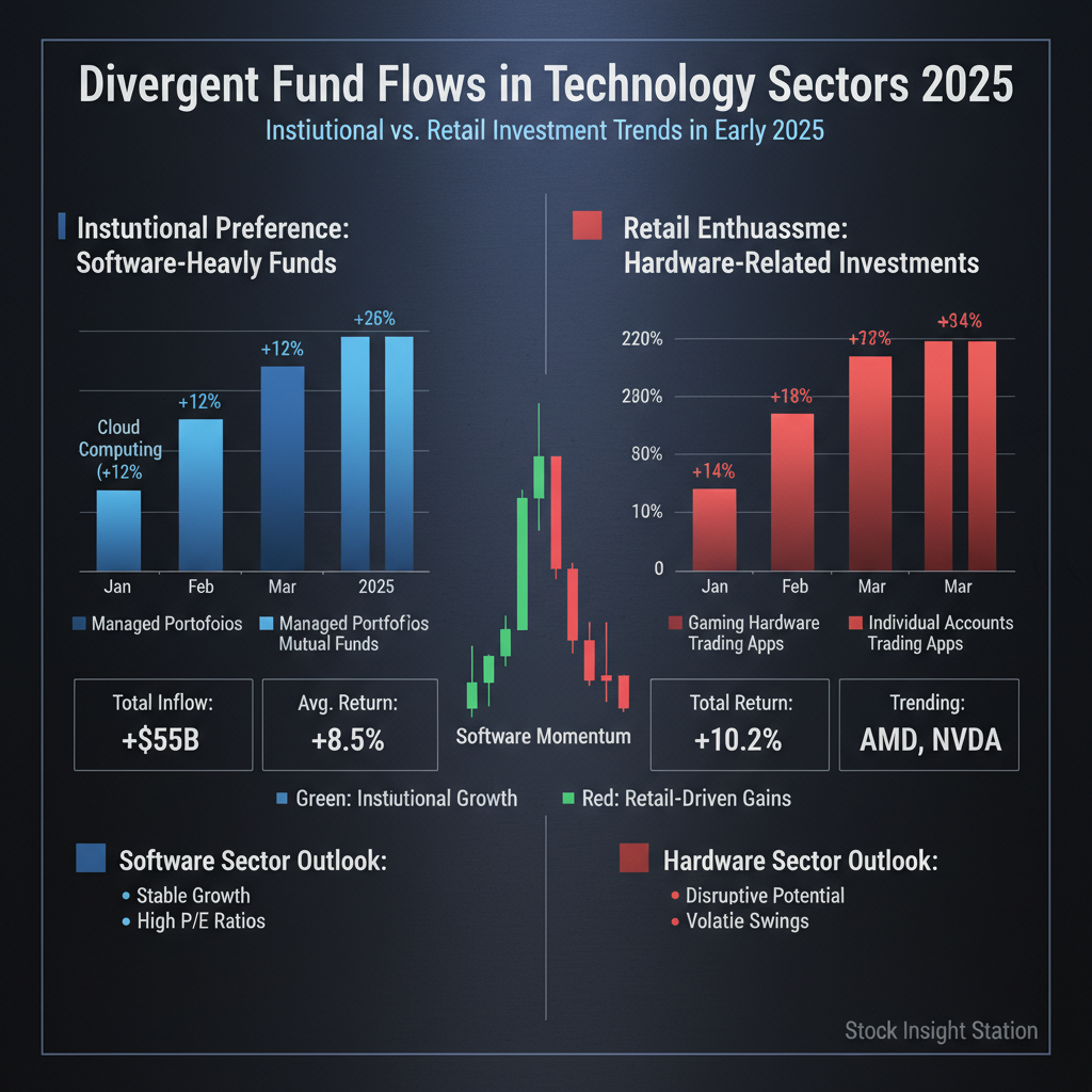 This graph illustrates divergent fund flows within technology sectors showing institutional preference for software-heavy funds contrasted with retail enthusiasm for hardware-related investments in early 2025