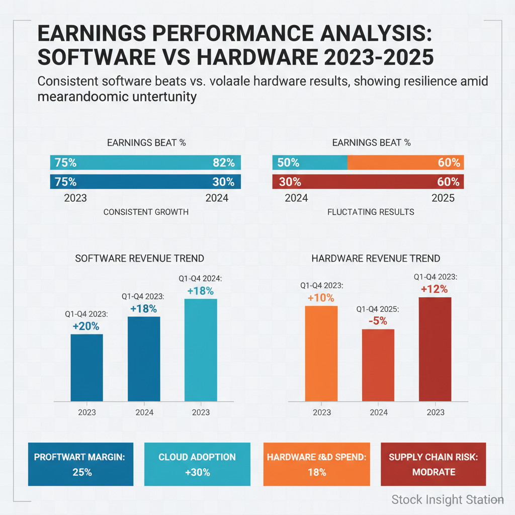 This chart contrasts software vendors' consistent earnings beats against volatile hardware results from 2023 to 2025, illustrating resilience amid macro uncertainty.