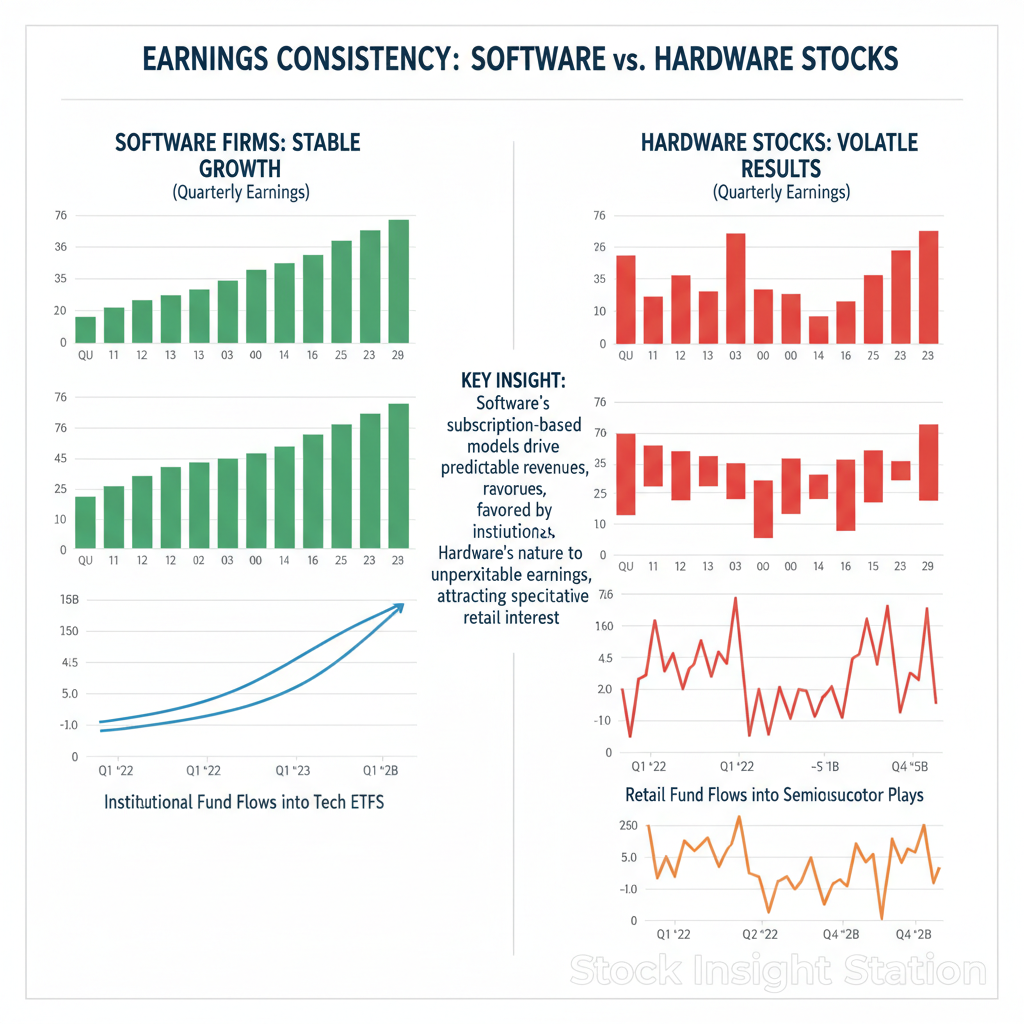 Chart illustrating superior earnings consistency among software firms compared to fluctuating results in hardware stocks helps explain sector rotation under current macro conditions.
Graph showing contrasting fund flows into technology ETFs reveals institutional tilt towards stable subscription-based businesses versus retail focus on speculative semiconductor plays.