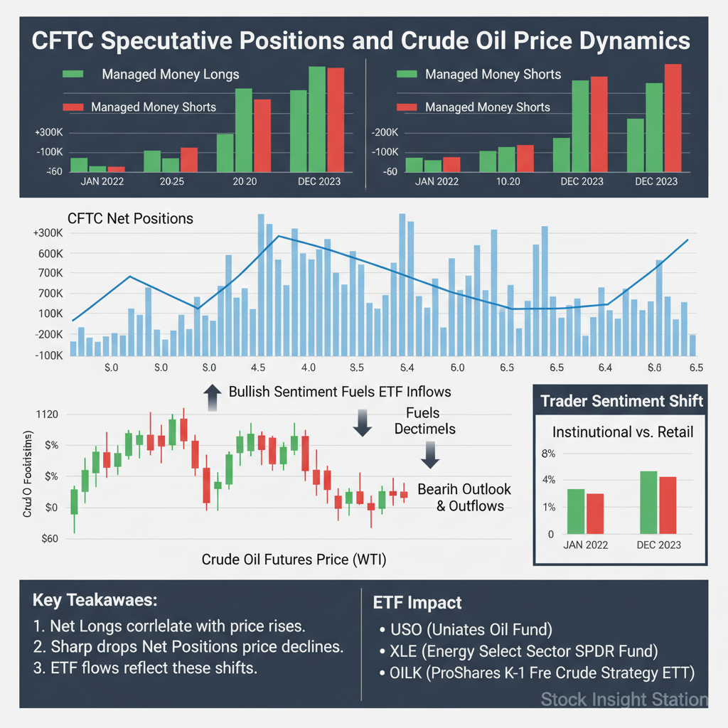 Graph illustrating CFTC speculative net positions alongside crude oil price movements highlighting trader sentiment shifts impacting ETF flows