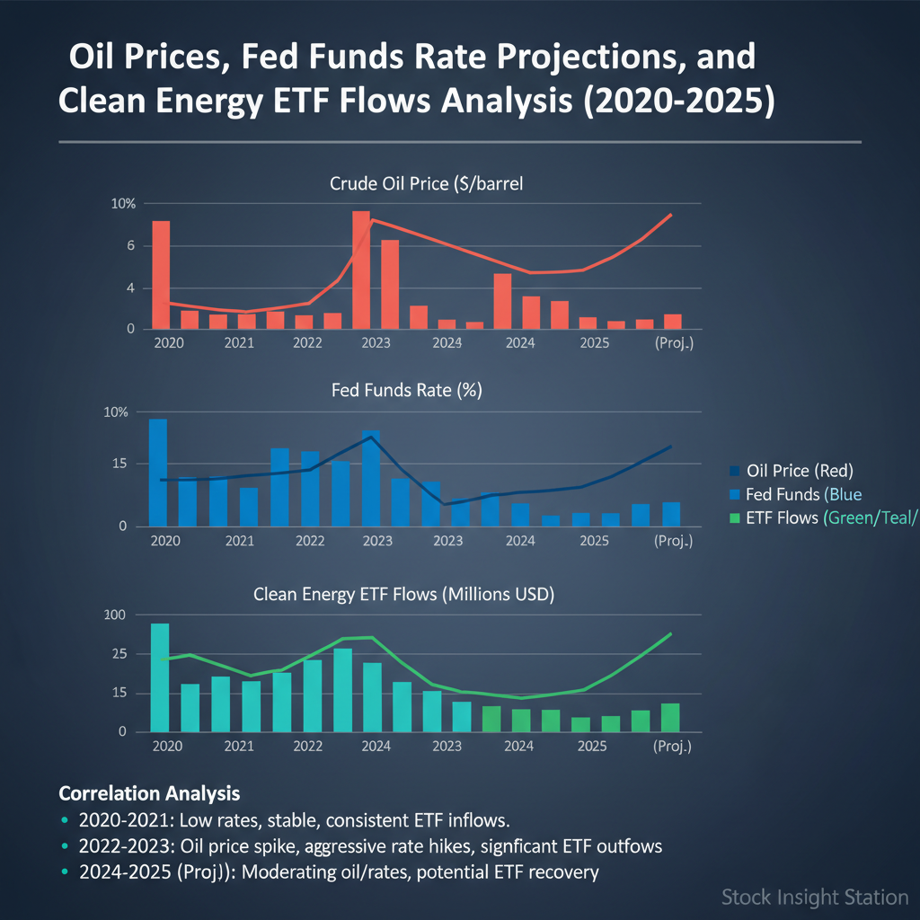 Chart comparing oil prices, Fed funds rate projections, and clean energy ETF flows from 2020 to 2025 highlighting correlations between commodity spikes and fund outflows
