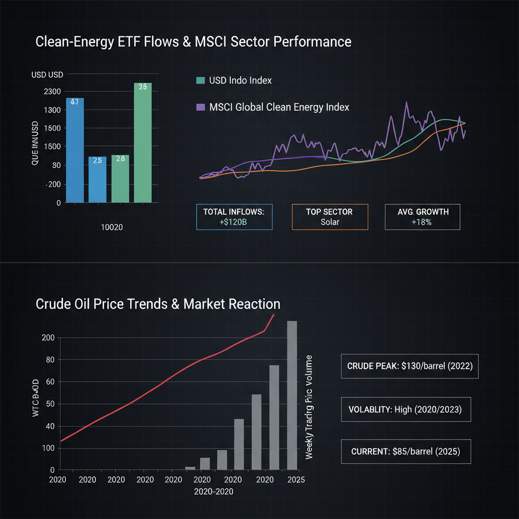 Charts illustrating how surging oil prices correlate inversely with clean-energy ETF inflows while highlighting sector rotation patterns influenced by changing risk premiums and valuation sensitivities over recent years.