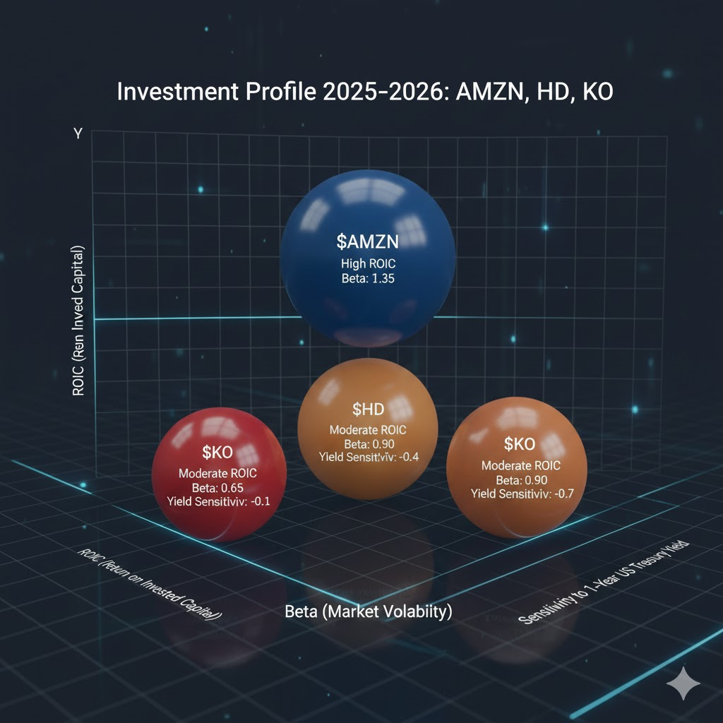 3D bubble chart of AMZN, HD, and KO ROIC, Beta, and sensitivity to 10-year US Treasury yield in 2025–2026.