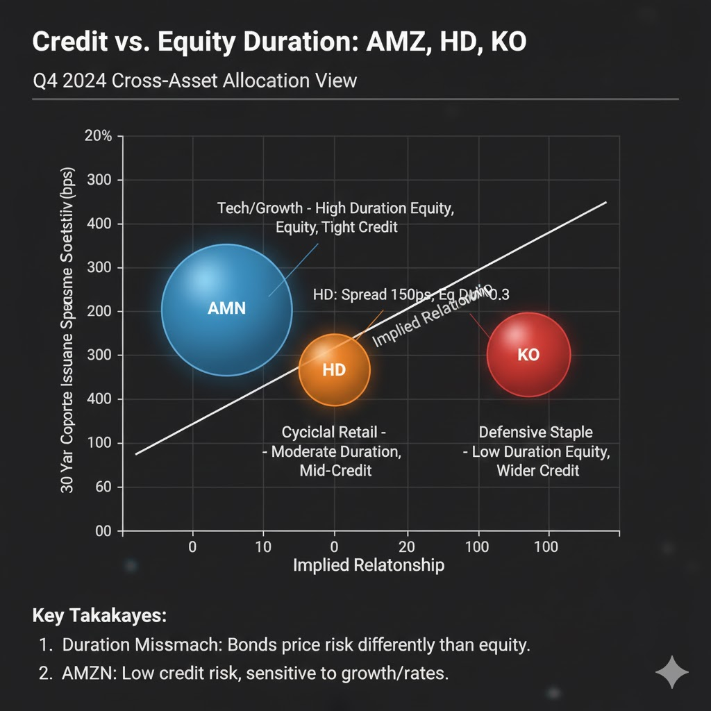Institutional allocator slide comparing 30-year corporate issuance spreads versus equity duration sensitivity across AMZN, HD, KO