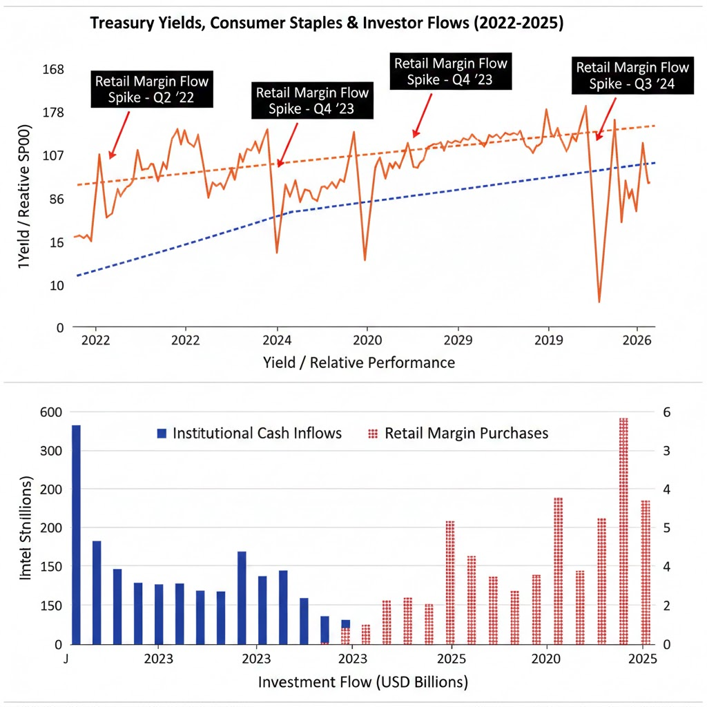 The image contrasts the 10-year Treasury yield decline with XLP outperformance, highlighting how retail margin spikes align with reflexive rallies in consumer staples.
