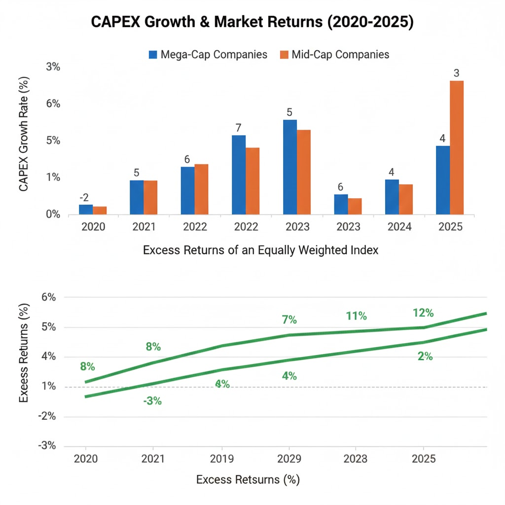 The difference in capital expenditure growth rates between mega-cap and mid-cap from 2020 to 2025 vs. the excess returns of the equally weighted index.