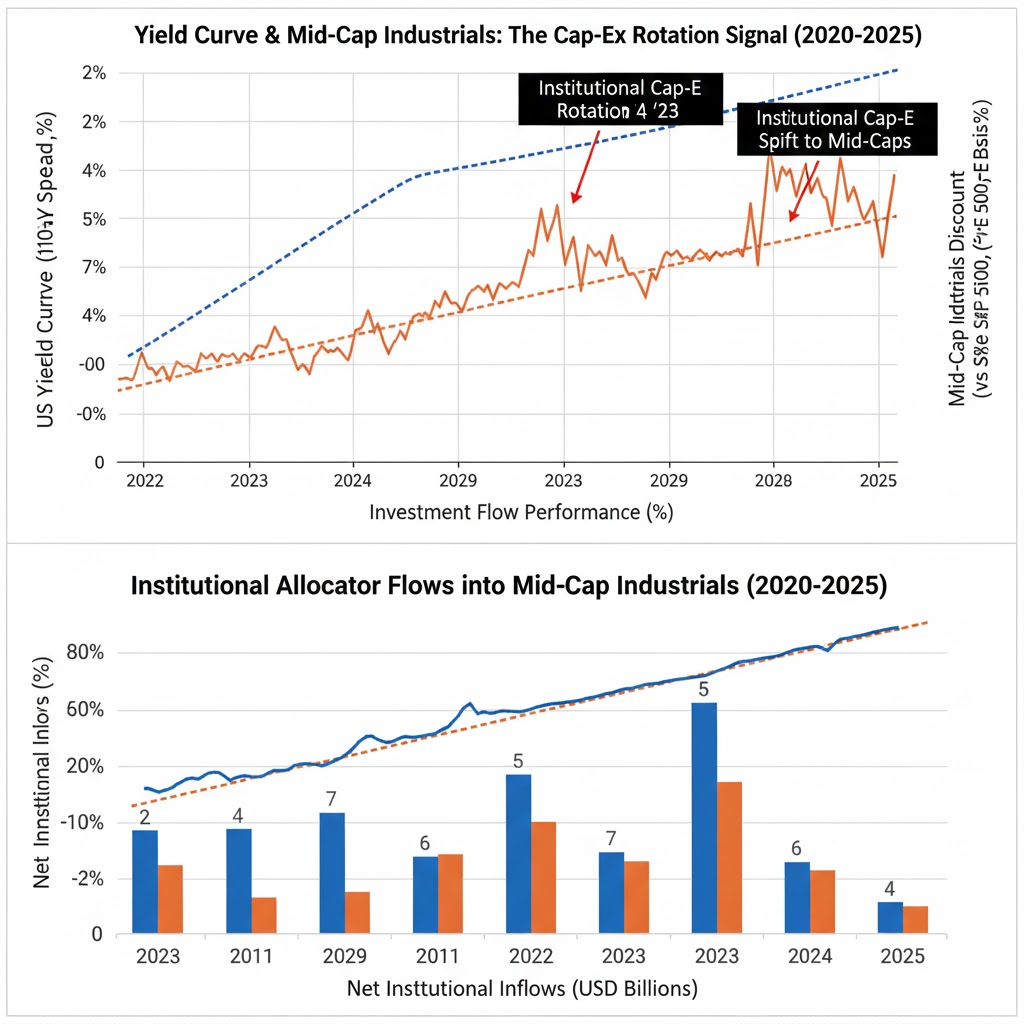 Chart correlating U.S. yield curve steepness with mid-cap industrials valuation discount, illustrating the cap-ex rotation signal used by institutional allocators.