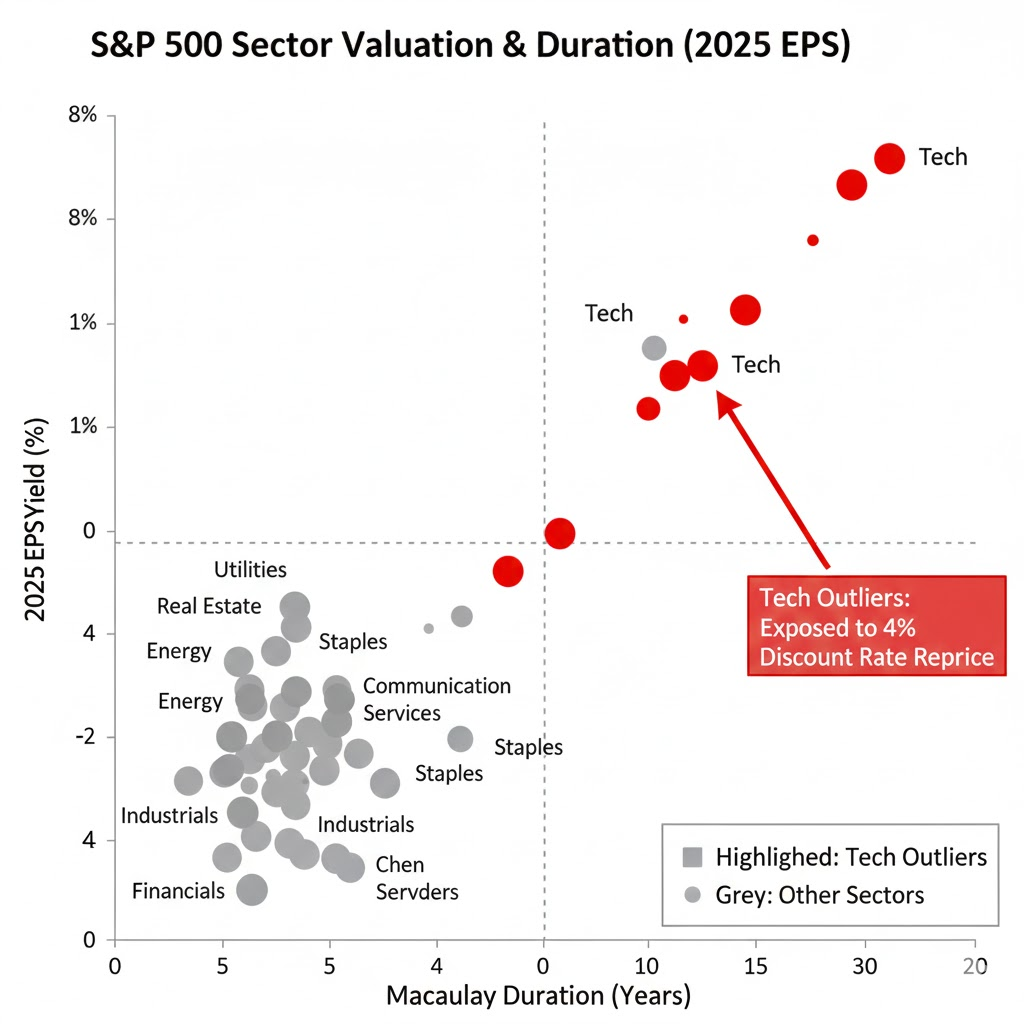 Scatter plot of S&P 500 sectors plotted by Macaulay duration and 2025 EPS yield, highlighting tech outliers most exposed to a 4% discount rate reprice.
