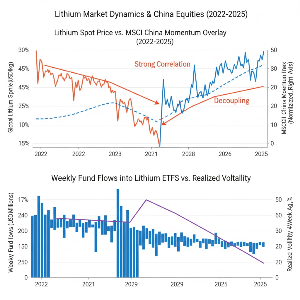Chart links lithium price spikes to China policy leaks, illustrating how thin-volume narrative gaps create reflexive momentum in U.S.-listed producer shares.