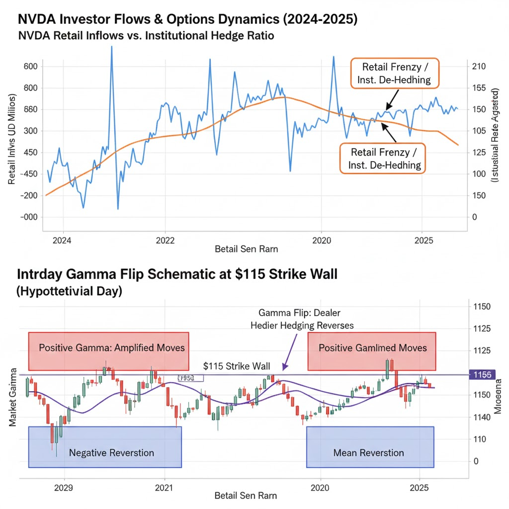 The chart contrasts surging retail purchases of NVIDIA shares with rising institutional put protection, illustrating how behavioral herding meets pre-emptive hedging once RSI exceeds 88.