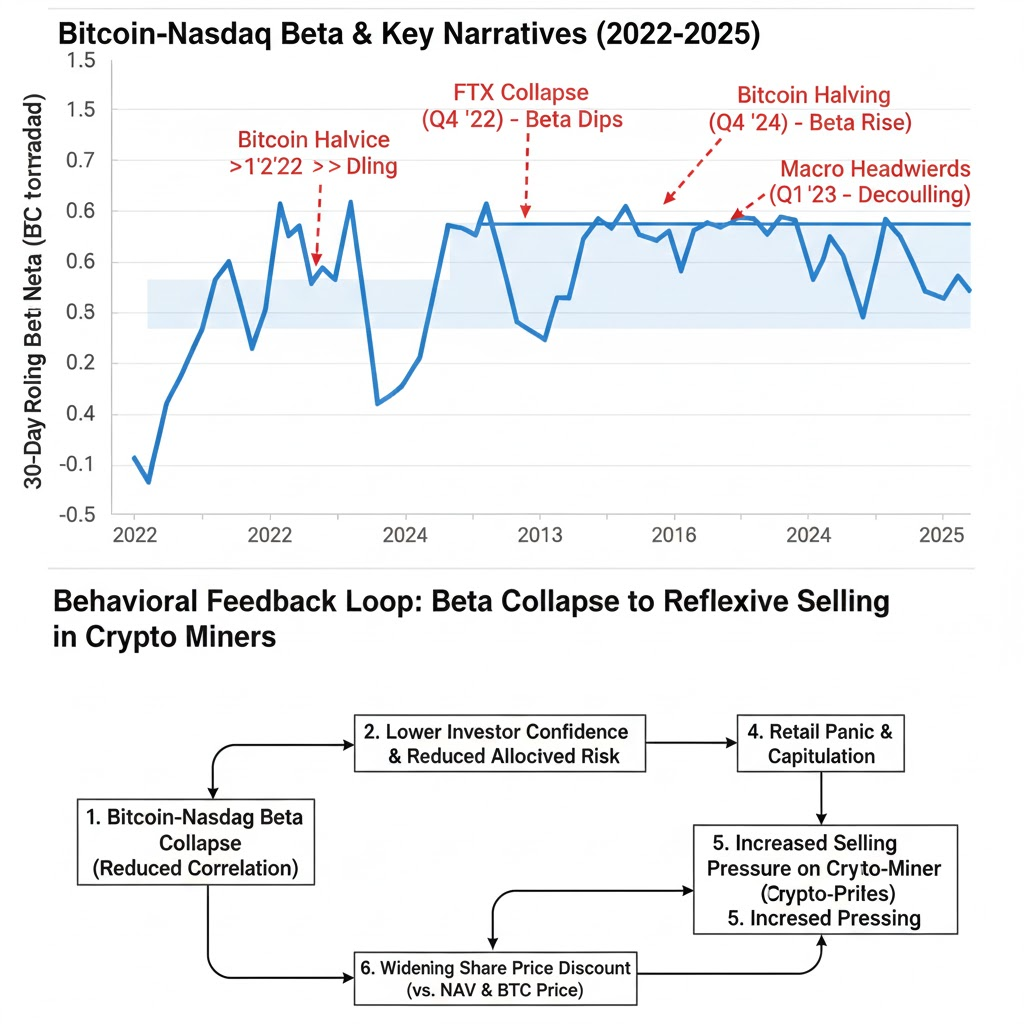 30-day beta line plunges from 0.7 to 0.18, illustrating how narrative breakdown triggers loss-aversion selling and rotation toward AI hardware, leaving crypto ETFs with outflows.