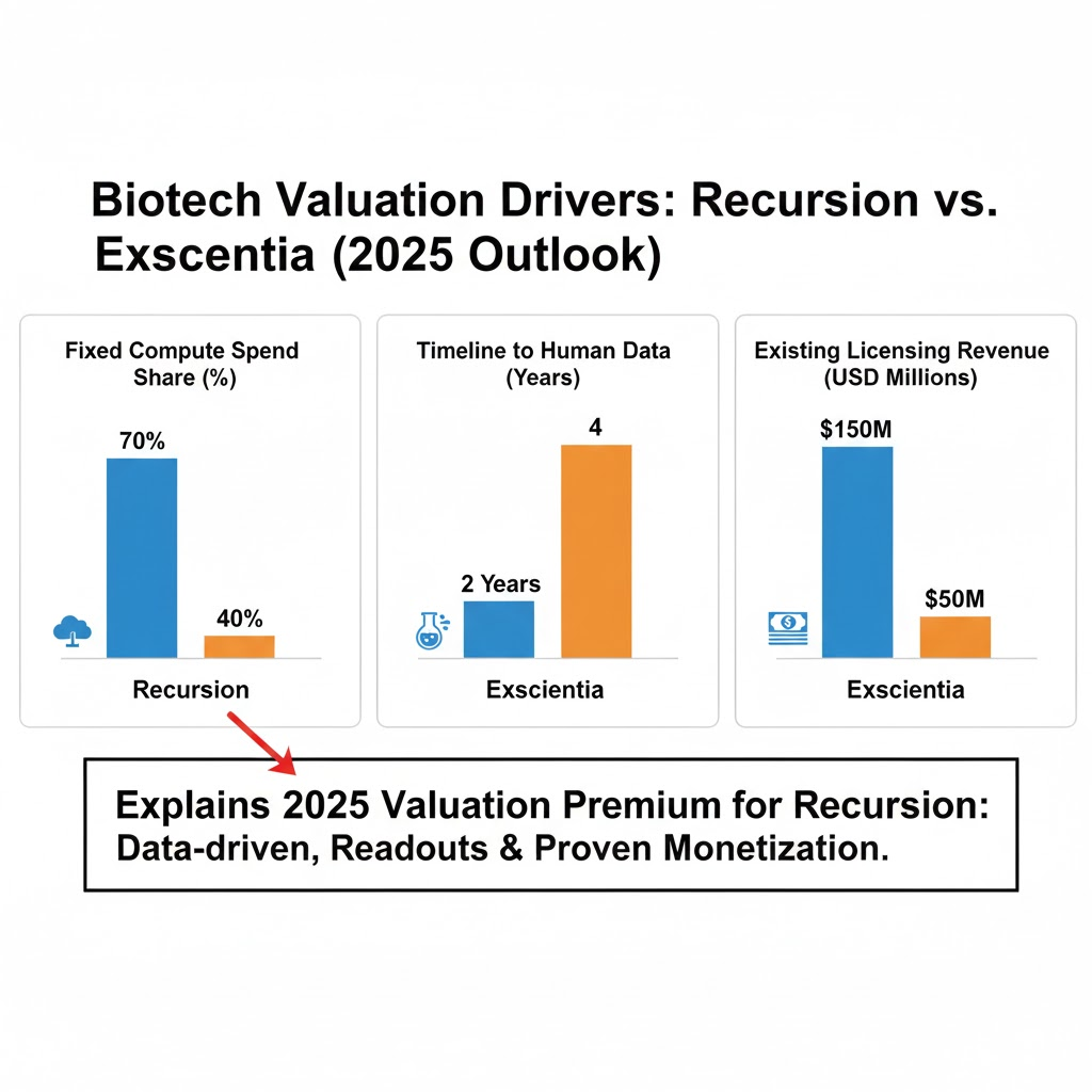 Side-by-side bar chart showing Recursion’s higher share of fixed compute spend, shorter timeline to human data and larger existing licensing revenue than Exscientia, explaining the 2025 valuation gap.