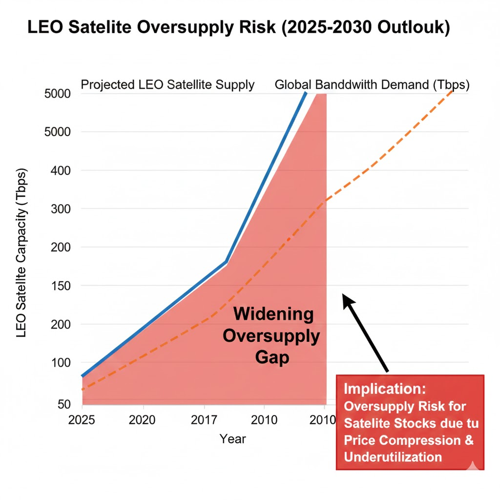 Line chart illustrating the widening gap between projected low-earth-orbit satellite supply and global bandwidth demand, highlighting oversupply risk for satellite stocks.