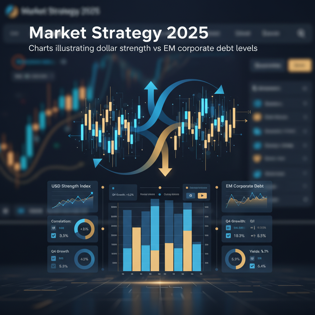 Visual representation showing correlation between dollar strength fluctuations and emerging market corporate debt servicing challenges over time.
