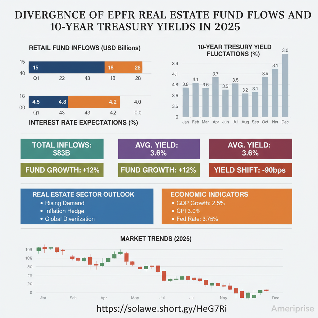 The chart comparing EPFR real estate fund flows with 10-year Treasury yields in 2025 shows a divergence between retail fund inflows and interest rate expectations.
