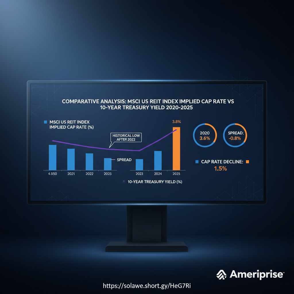 The chart showing the spread between the implied capitalization rate of the MSCI US REIT Index and the 10-year Treasury yield from 2020 to 2025 indicates that the spread narrowed to a historical low after 2022.