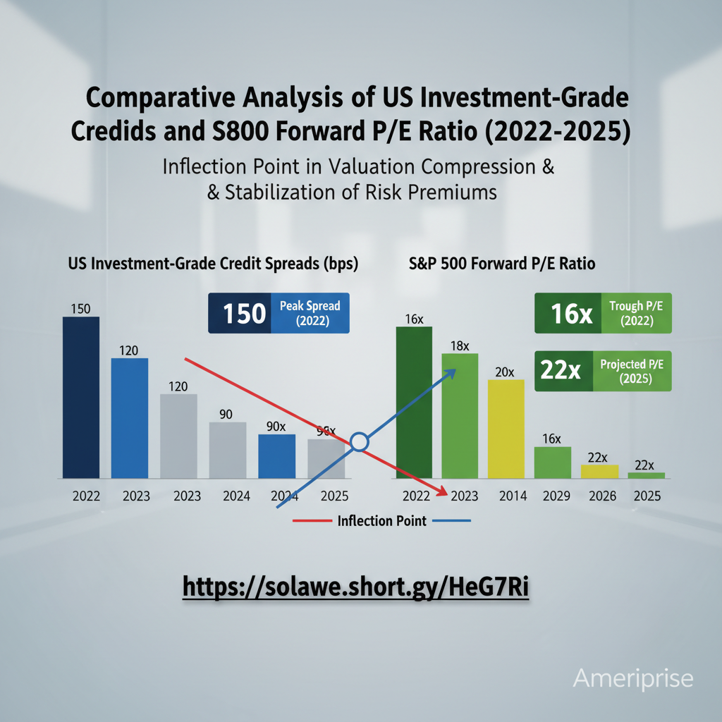 A comparison of US investment-grade credit spreads and the forward P/E ratio of the S&P 500 index from 2022 to 2025 indicates an inflection point in valuation compression and stabilization of risk premiums.