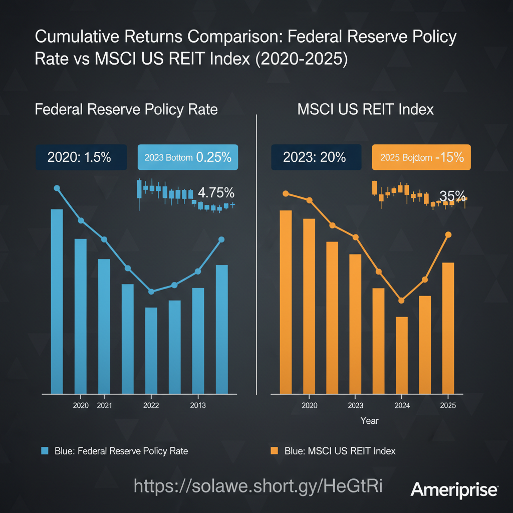 A comparison of the cumulative returns of the Federal Reserve's policy interest rate and the MSCI US REIT Index from 2020 to 2025 shows a divergent recovery after bottoming out in 2023.