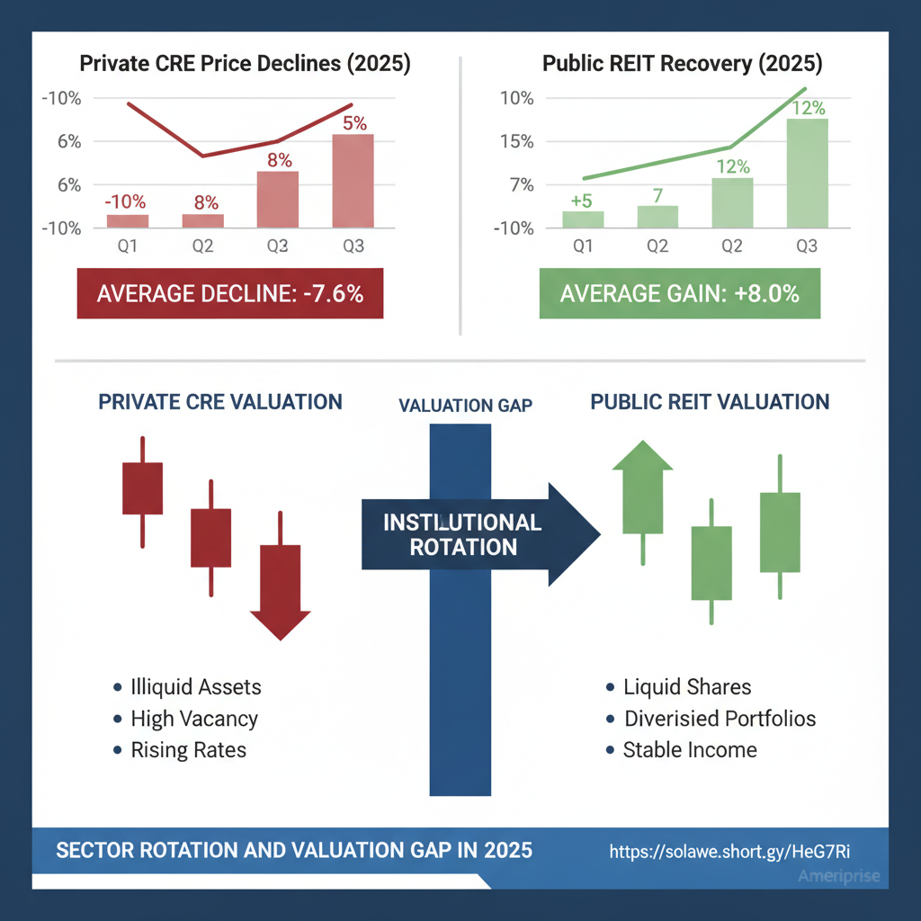A split-panel chart showing private CRE price declines versus public REIT recovery in 2025, highlighting the valuation gap and institutional rotation.
A flow diagram mapping EPFR fund movements from alternative assets into cyclical equity sectors, with emphasis on energy and industrials.