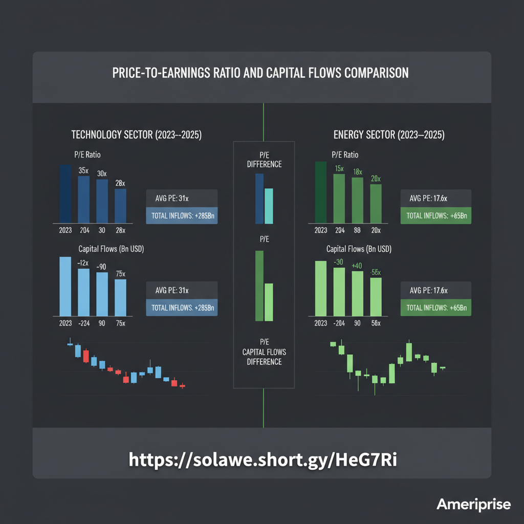 Comparison of Price-to-Earnings Ratio Difference and Capital Flows between Technology and Energy Stocks, 2023–2025