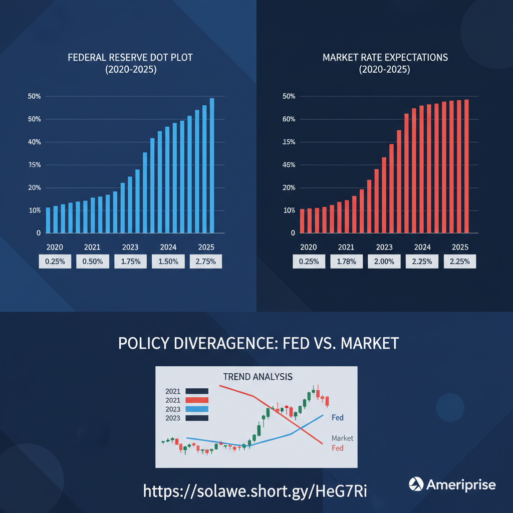 The Fed's dot plot for 2020–2025 versus market implied interest rate expectations reveals a divergence in policy expectations.