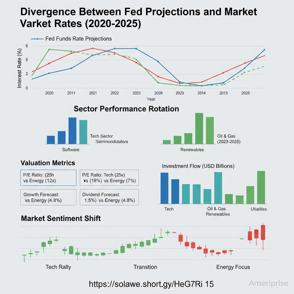Chart comparing Fed dot plot vs market rates shows growing policy expectation gap, signaling potential market volatility ahead.